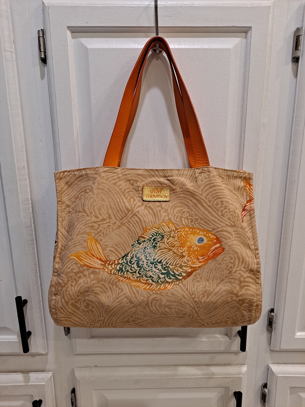 Jim Thompson Vintage 'Meena' Beige Orange Canvas Tote Iconic Barramundi Fish